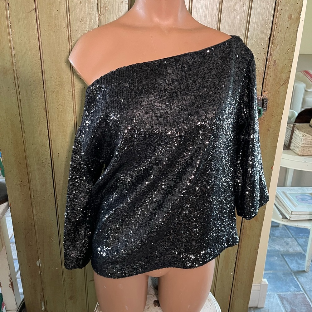 A.L.C. Black Sequin Zoey Boat Neck Fun Shimmer Sparkle Party Blouse Top Size 0 - Picture 8 of 12